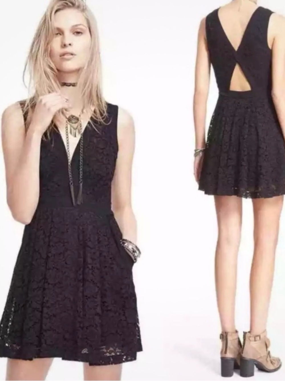 Free People Black lovely in love Lace Mini Dress EUC size small boho